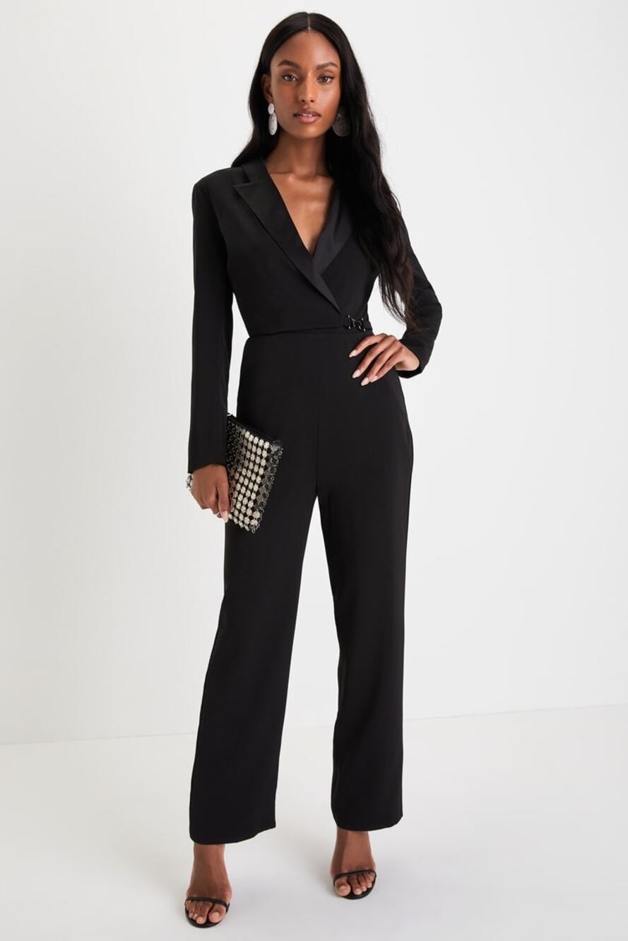 NWT Lulus Impressive Presence Black Collared Straight Leg Jumpsuit Classy Sz L